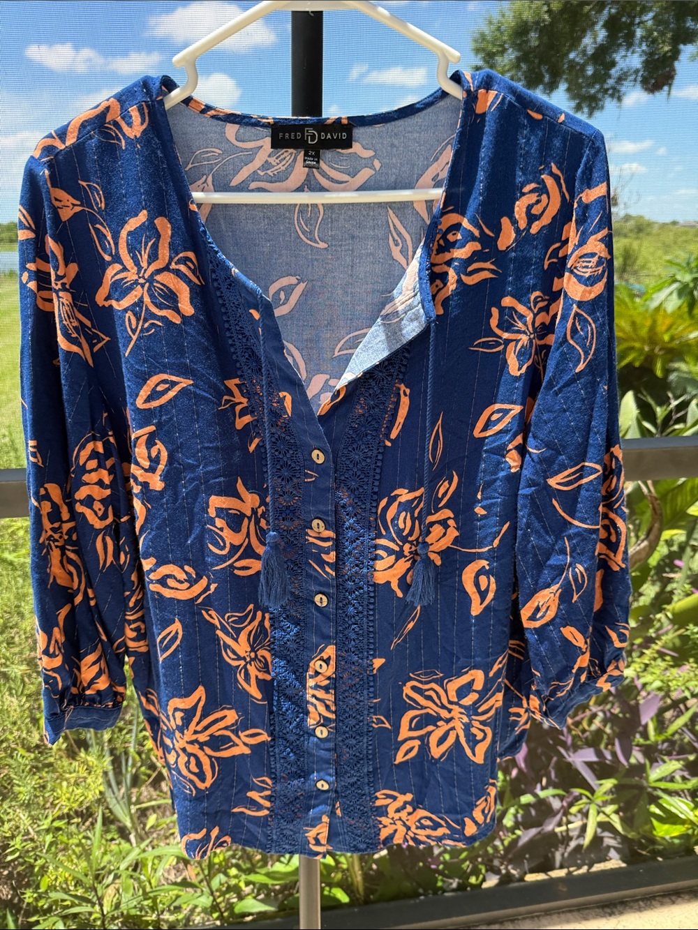 Fred David Blue Blouse with Peach Floral Print